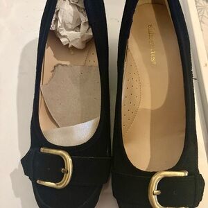 NWT- Silhouette Black suede wedges with Gold Buckle